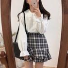 Long-sleeve Ruffle Blouse / Plaid Mini Fitted Skirt