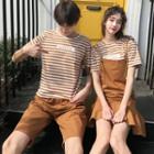 Couple Matching Short-sleeve Striped T-shirt / Mini A-line Overall Dress / Shorts