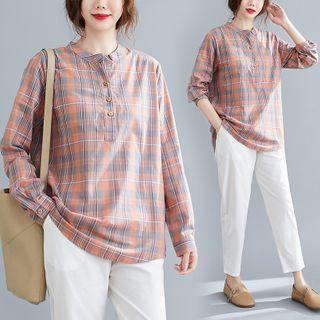 Long-sleeve Plaid Henley Blouse