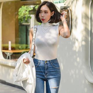 Shirred High-neck Sleeveless Sheer Top