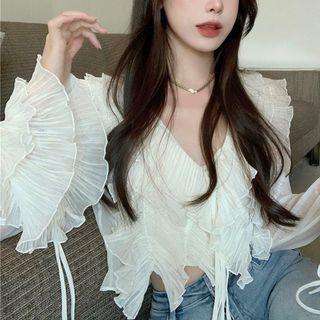 Long-sleeve V-neck Ruffle Cropped Blouse As Figure - One Size