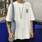 Elbow-sleeve Embroidered Planet T-shirt White - One Size