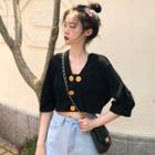 3/4-sleeve Buttoned Cropped Top