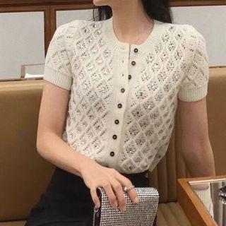 Short-sleeve Rhinestone Pointelle Knit Top