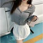 Long-sleeve Plain Button-up Cropped Top Gray - One Size
