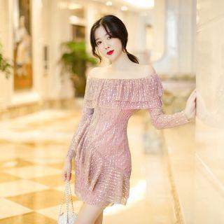 Off-shoulder Long-sleeve Sequined Mini A-line Dress