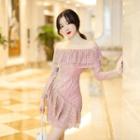Off-shoulder Long-sleeve Sequined Mini A-line Dress