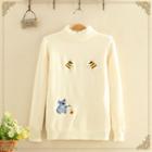 Turtle-neck Bee Embroidered Plain Knitted Sweater