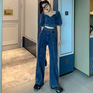 Boatneck Denim Crop Top / High-waist Wide Jeans