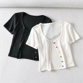 Short-sleeve Button Ribbed Cropped T-shirt