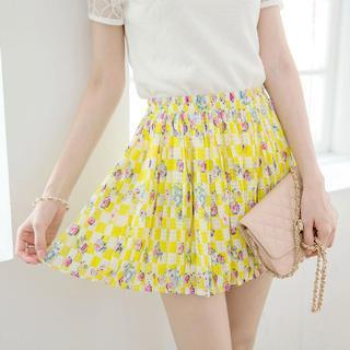 Accordion-pleat Floral Check Skirt