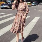 Long-sleeve Patterned Cutout A-line Midi Dress