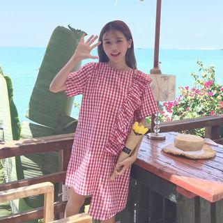 Frilled Gingham Short-sleeve Asymmetric Shift Dress