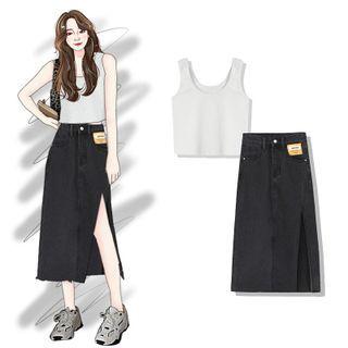 U-neck Plain Cropped Tank Top / High-waist Denim A-line Split Skirt