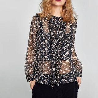 Long-sleeved Floral Print Bow Blouse