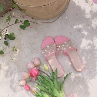 Faux-pearl Clear Slide Sandals