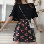 Elbow-sleeve Star Print T-shirt / Glitter A-line Mini Skirt