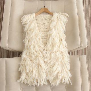 V-neck Faux Fur Vest Beige - One Size