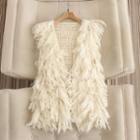 V-neck Faux Fur Vest Beige - One Size