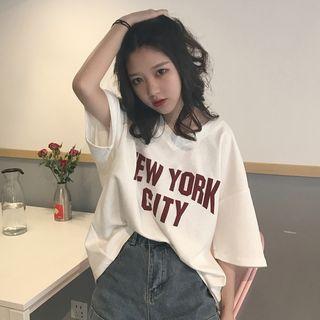 Short-sleeve Lettering Loose-fit V-neck T-shirt