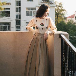 Set: Flower Embroidered Knit Top + Pleated Midi A-line Skirt