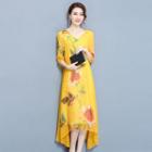 V-neck Flower Print 3/4-sleeve Midi Dress