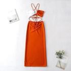 Set: Color Panel Cropped Camisole Top + Drawstring Midi Pencil Skirt
