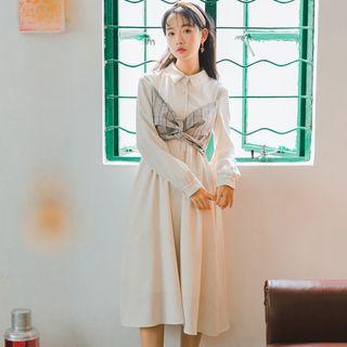 Mock Two-piece Midi A-line Shirt Dress