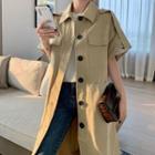 Buttoned Short-sleeve Long Jacket Khaki - One Size