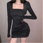 Long-sleeve Lace-up Open-back Mini Bodycon Dress Black - One Size