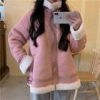 Fleece Trim Zip-up Jacket Pink - One Size