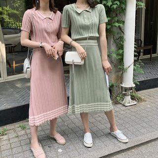Short-sleeve Striped Knit Top + High-waist Striped Knit Midi Skirt