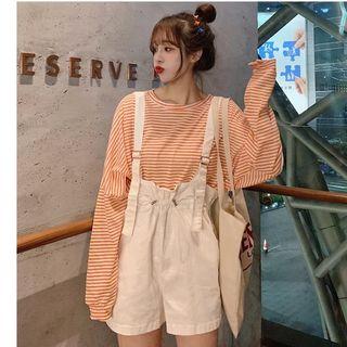Striped Long-sleeve T-shirt / High Waist Suspender Shorts