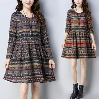Print Round-neck Long-sleeve Dress