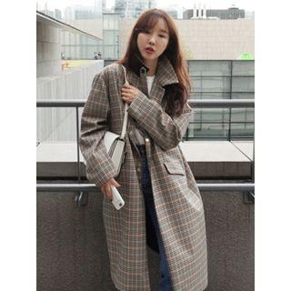 Flap-detail Checked Long Jacket