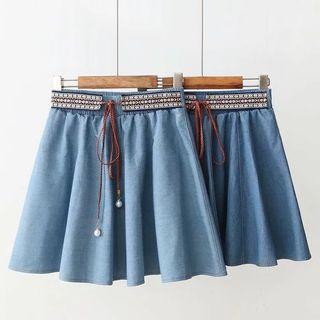 Tie-waist Mini A-line Denim Skirt