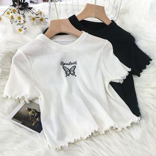 Butterfly Embroidered Frilled Trim Cropped Knit Top