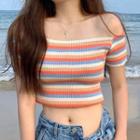 Off-shoulder Striped Ribbed Knit Top As Shown In Figure - One Size