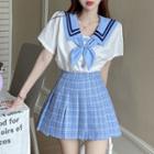 Short-sleeve Sailor Collar Bow Blouse / Plaid Mini A-line Skirt / Set