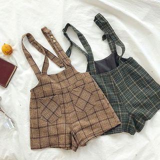 Plaid Woolen High-waist Double-pocket Strappy Shorts