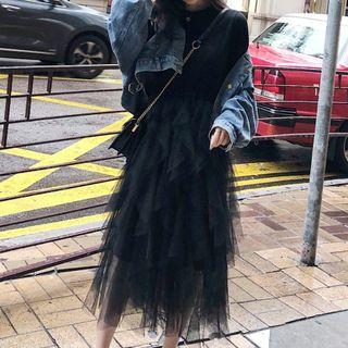 Short-sleeve Ruffled Mesh A-line Midi Dress
