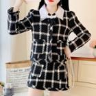 Set: Polo Collar Long-sleeve Plaid Twin Pocket Top + High-waist Plaid Skirt