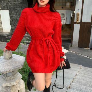 Turtleneck Sashed Mini Sweater Dress