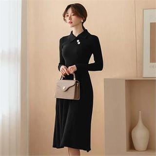 Collared Button-trim A-line Dress Black - One Size