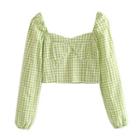 Gingham Balloon-sleeve Cropped Blouse