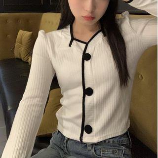 Long-sleeve Contrast Trim Button-up Top