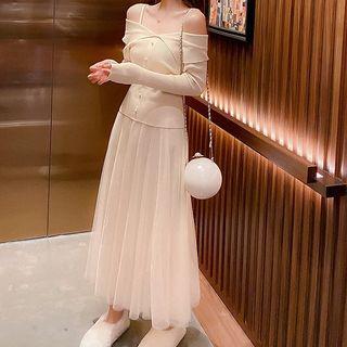 Set: Off-shoulder Ribbed Long-sleeve Knit Top + Mesh Midi Spaghetti Strap Dress Beige - One Size