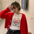 Short-sleeve Chinese Character Print T-shirt / Bow Cardigan