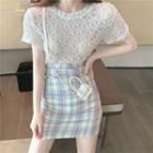 Short-sleeve Lace Top / Plaid Fitted Mini Skirt