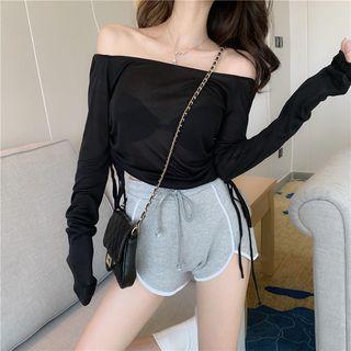 Plain Off-shoulder Long-sleeve Top / Shorts